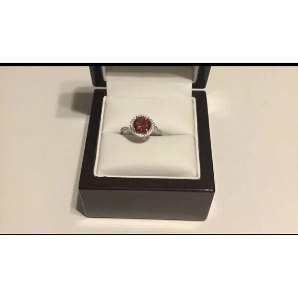 2.5 Ct. Round Ruby Solitaire & White Sapphire Swirl Halo Ring Sz 8~.925 SS - Picture 1 of 3